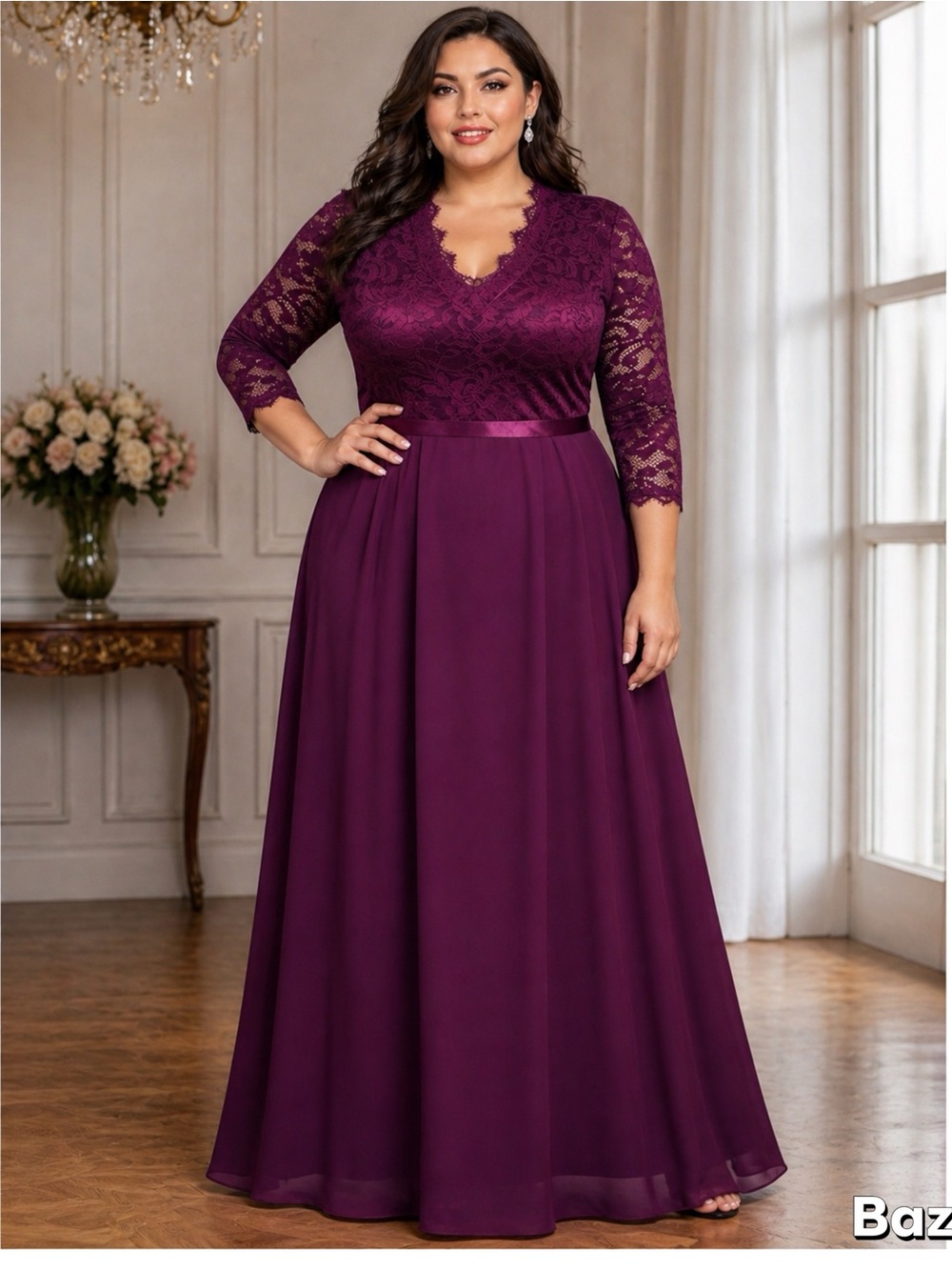 Sz XL Enchanted Plum Romantic Lace Sleeve Floor-Length Gown MISSMAY
